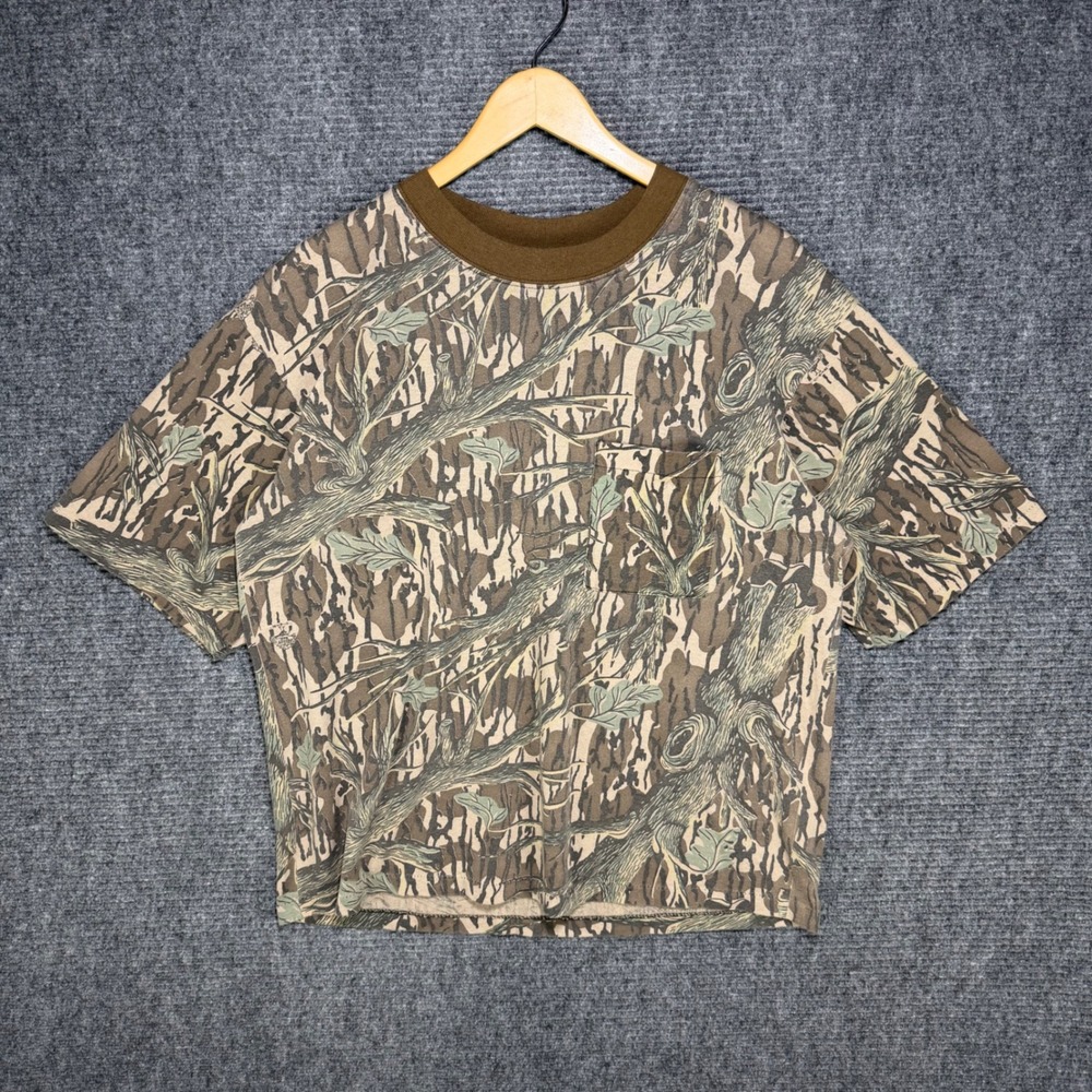 Vintage Mossy Oak Bottomland Camo Pocket T-Shirt Mens XL Brown Tree Pattern Tee
